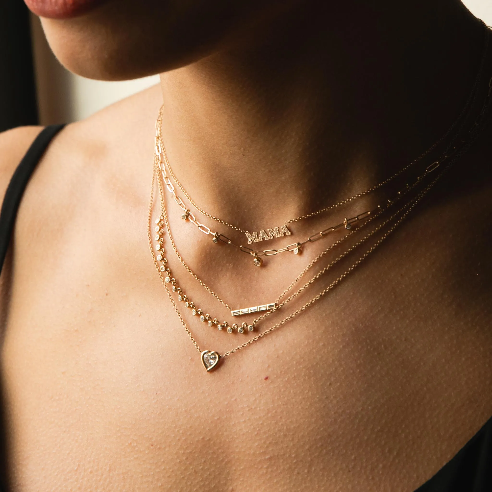 14k 5 Channel Set Baguette Diamond Bar Pendant Necklace