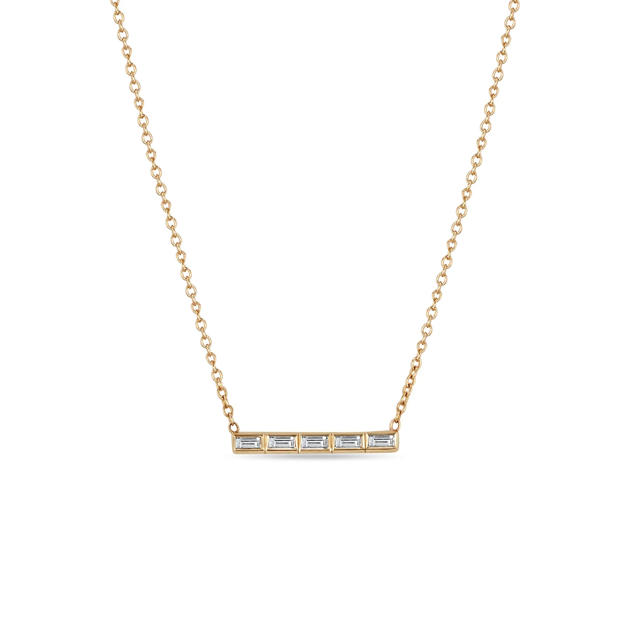 14k 5 Channel Set Baguette Diamond Bar Pendant Necklace