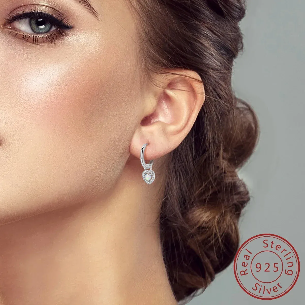 925 Sterling Silver Sparkling Love Opal Hoop Earrings