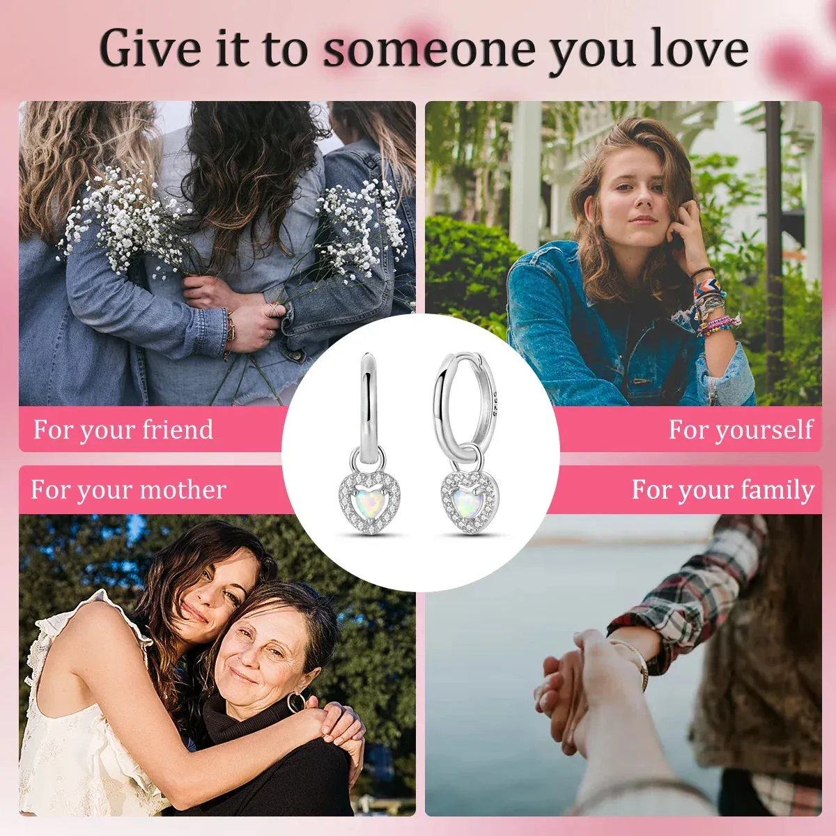 925 Sterling Silver Sparkling Love Opal Hoop Earrings