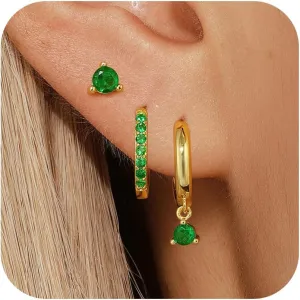 Dainty Earrings Set for Women, Gold|Silver Emerald Green | Shiny CZ Hoop Stud Earrings Set, 14K Gold Plated Hypoallergenic Lightweight No Tarnish No Lead & Nickel