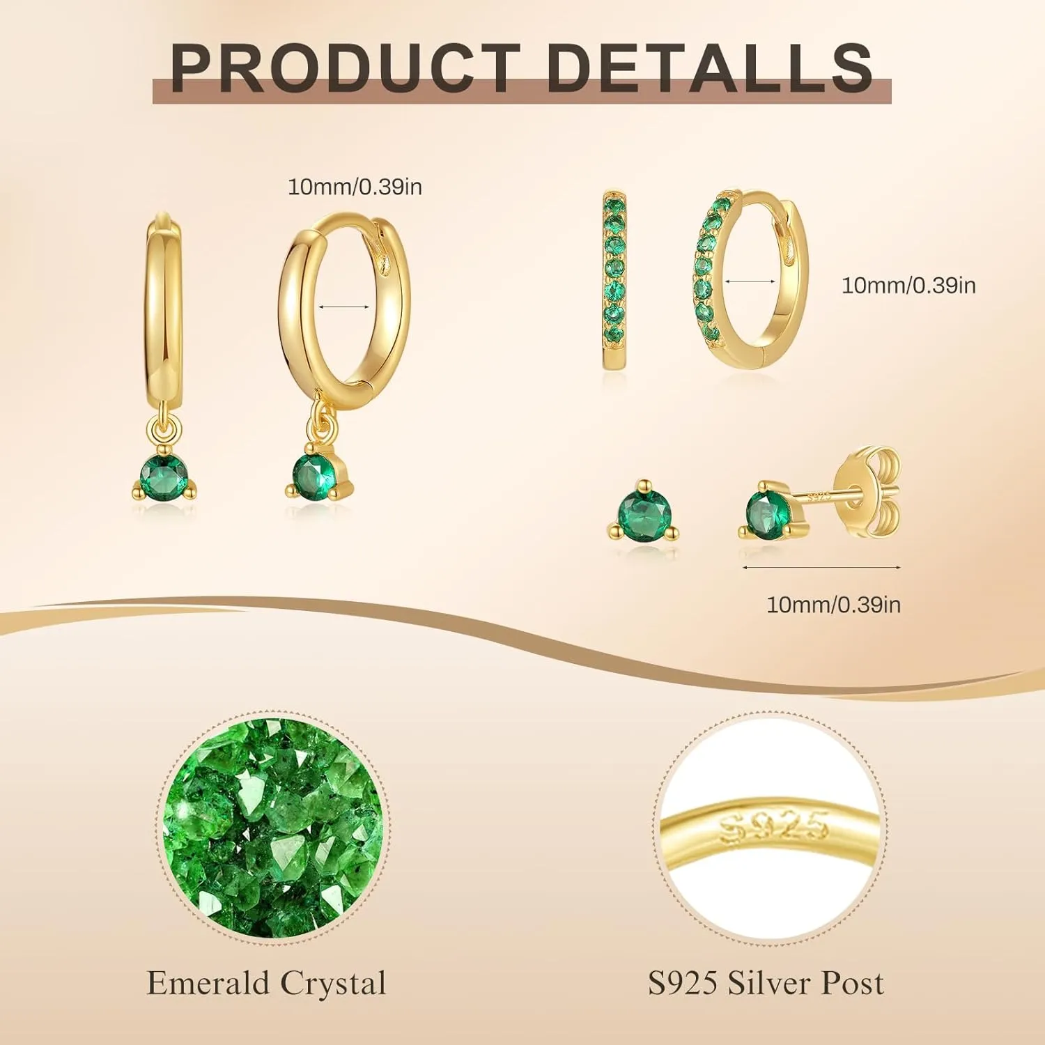 Dainty Earrings Set for Women, Gold|Silver Emerald Green | Shiny CZ Hoop Stud Earrings Set, 14K Gold Plated Hypoallergenic Lightweight No Tarnish No Lead & Nickel