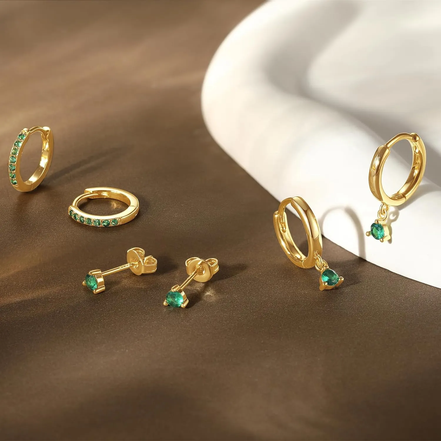 Dainty Earrings Set for Women, Gold|Silver Emerald Green | Shiny CZ Hoop Stud Earrings Set, 14K Gold Plated Hypoallergenic Lightweight No Tarnish No Lead & Nickel