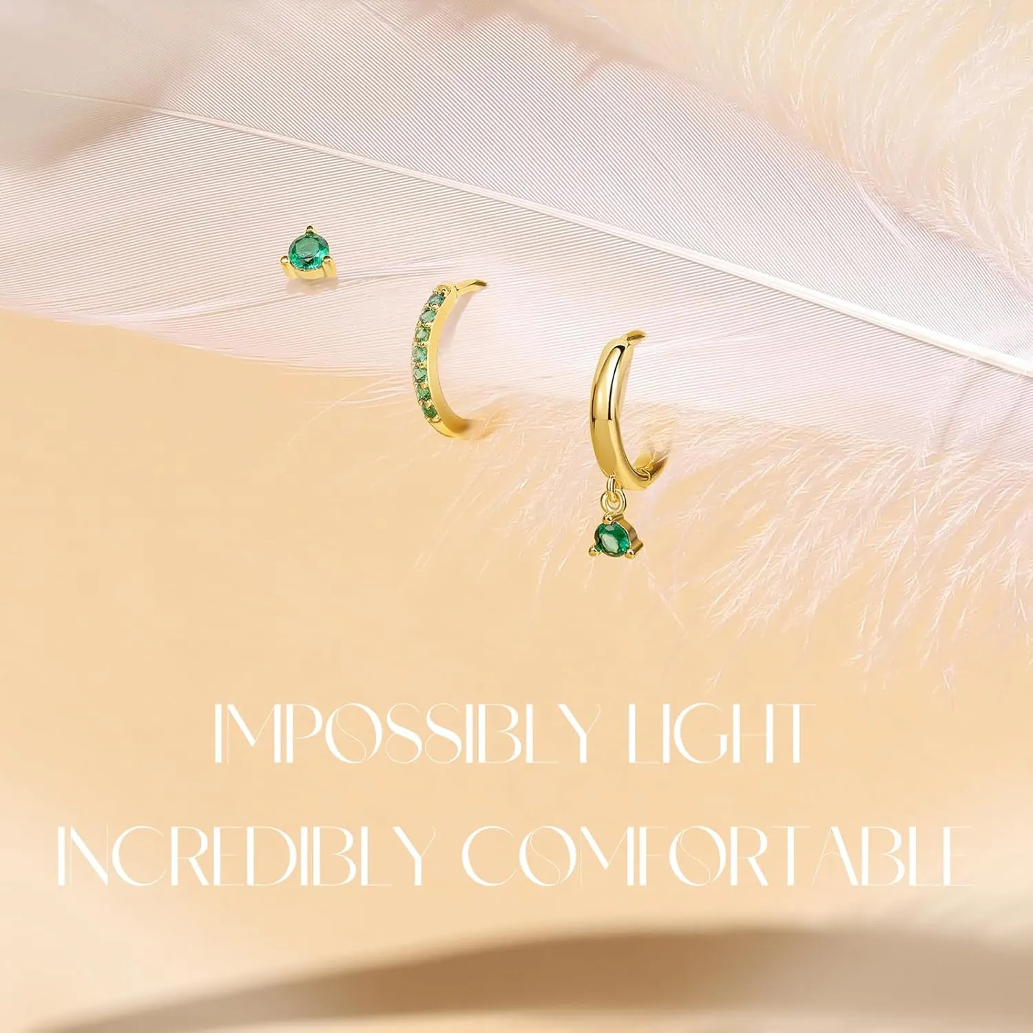 Dainty Earrings Set for Women, Gold|Silver Emerald Green | Shiny CZ Hoop Stud Earrings Set, 14K Gold Plated Hypoallergenic Lightweight No Tarnish No Lead & Nickel