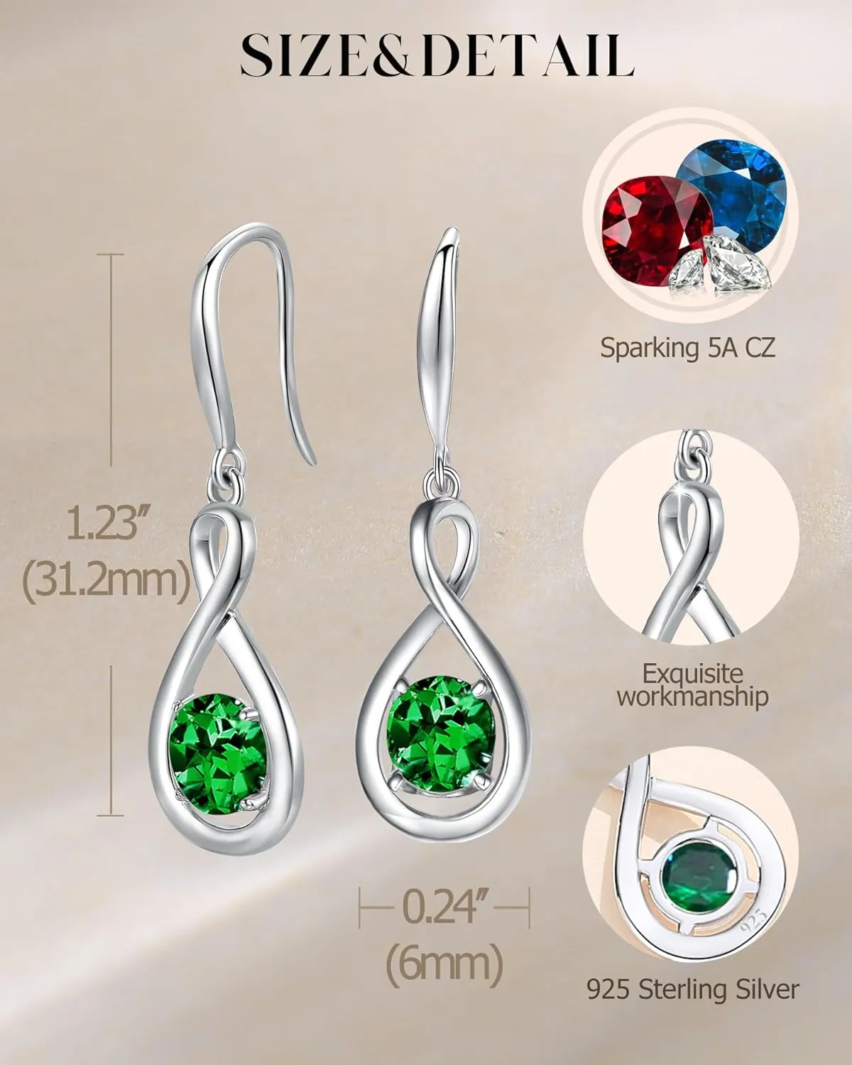 FANCIME Dangle Drop Earrings 925 Sterling Silver Dainty Infinity Round Gemstone Birthstone Jewelry Birthday Gifts for Her Women