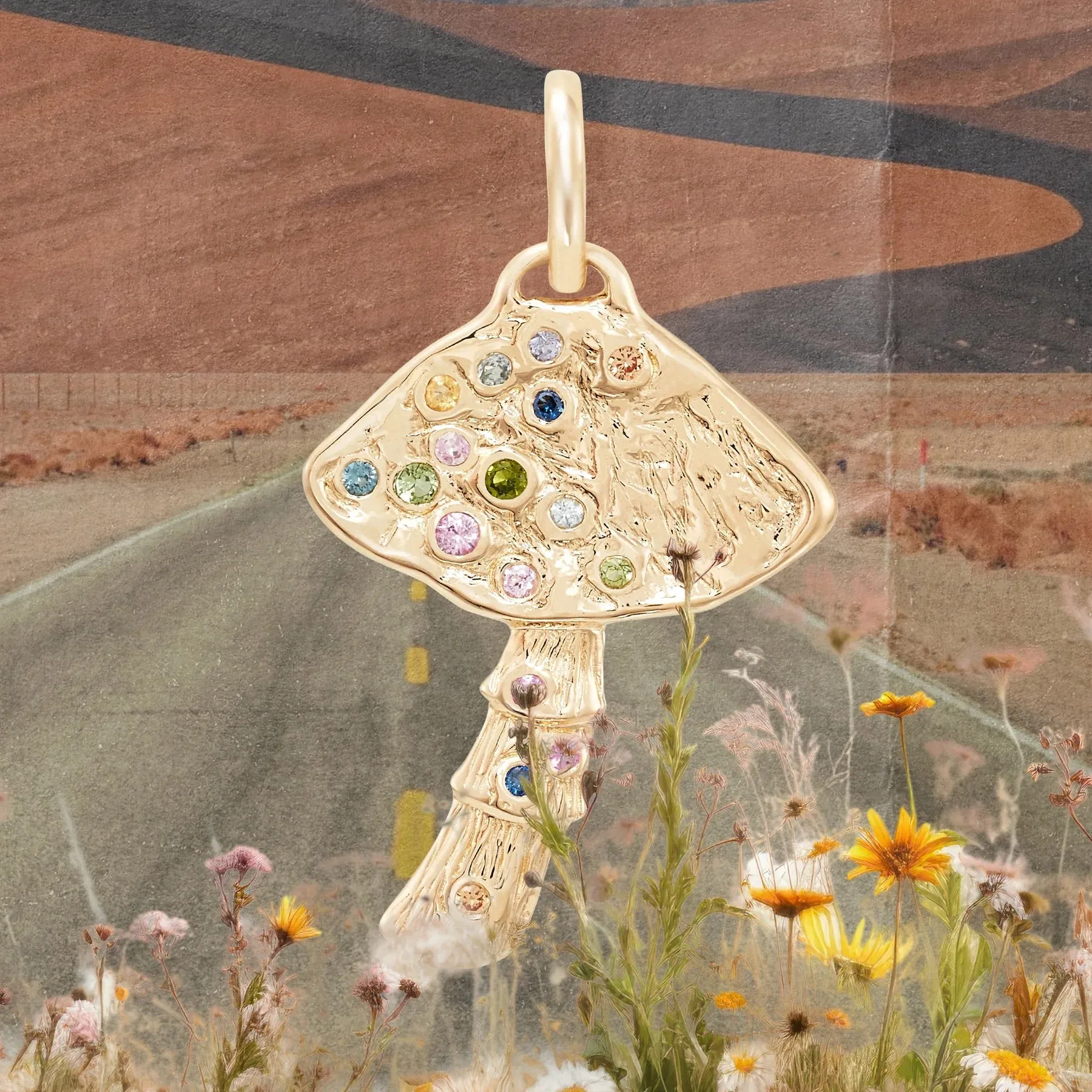 Golden Journey Mushroom Charm (10K Gold   Multi Sapphire)