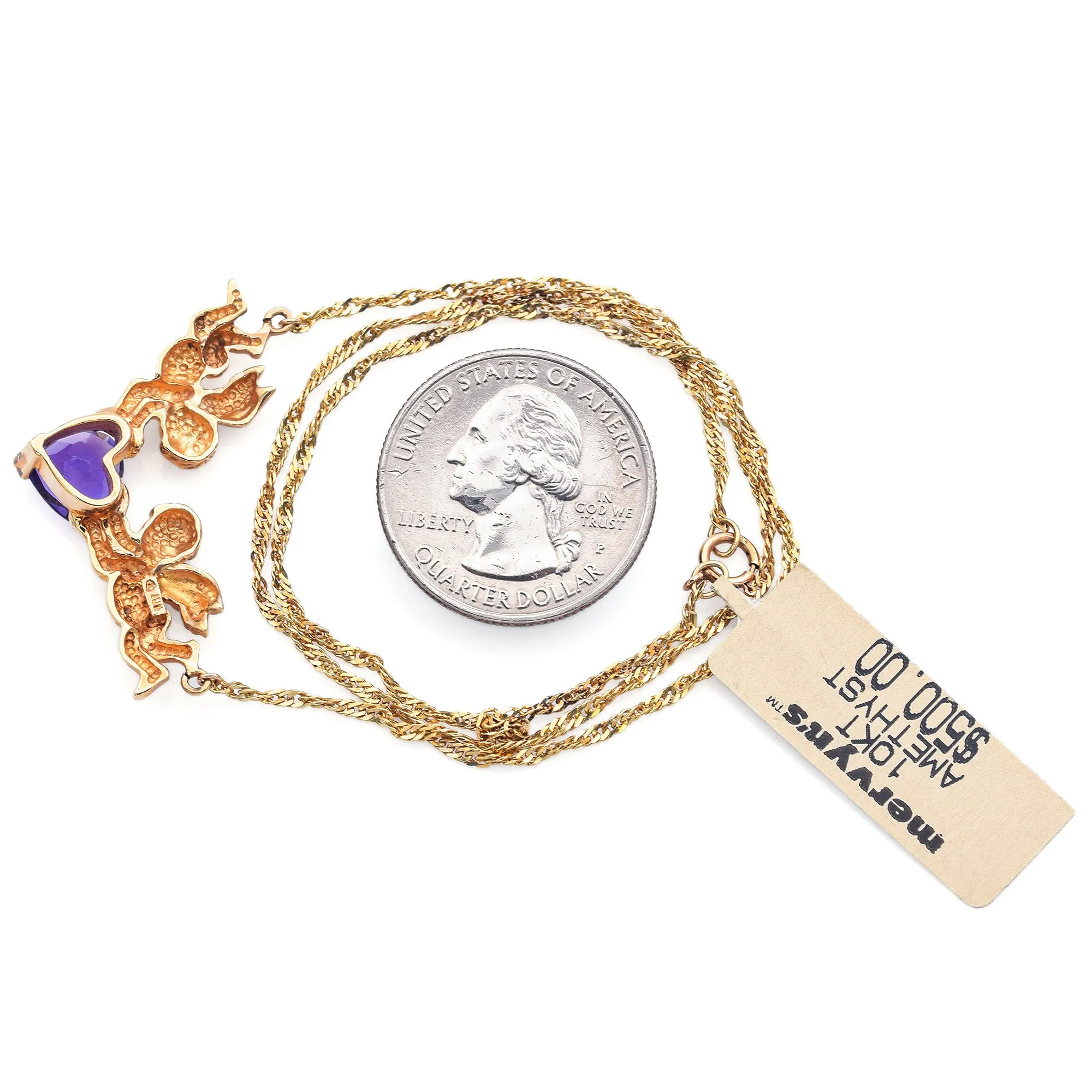 Mervyn's Amethyst 10K Yellow Gold Cherub Pendant Necklace with Pouch