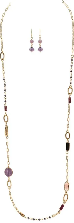 Rain Jewelry Gold Chain With Purple Stone & Glass Bead Long Necklace Set