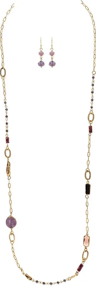 Rain Jewelry Gold Chain With Purple Stone & Glass Bead Long Necklace Set