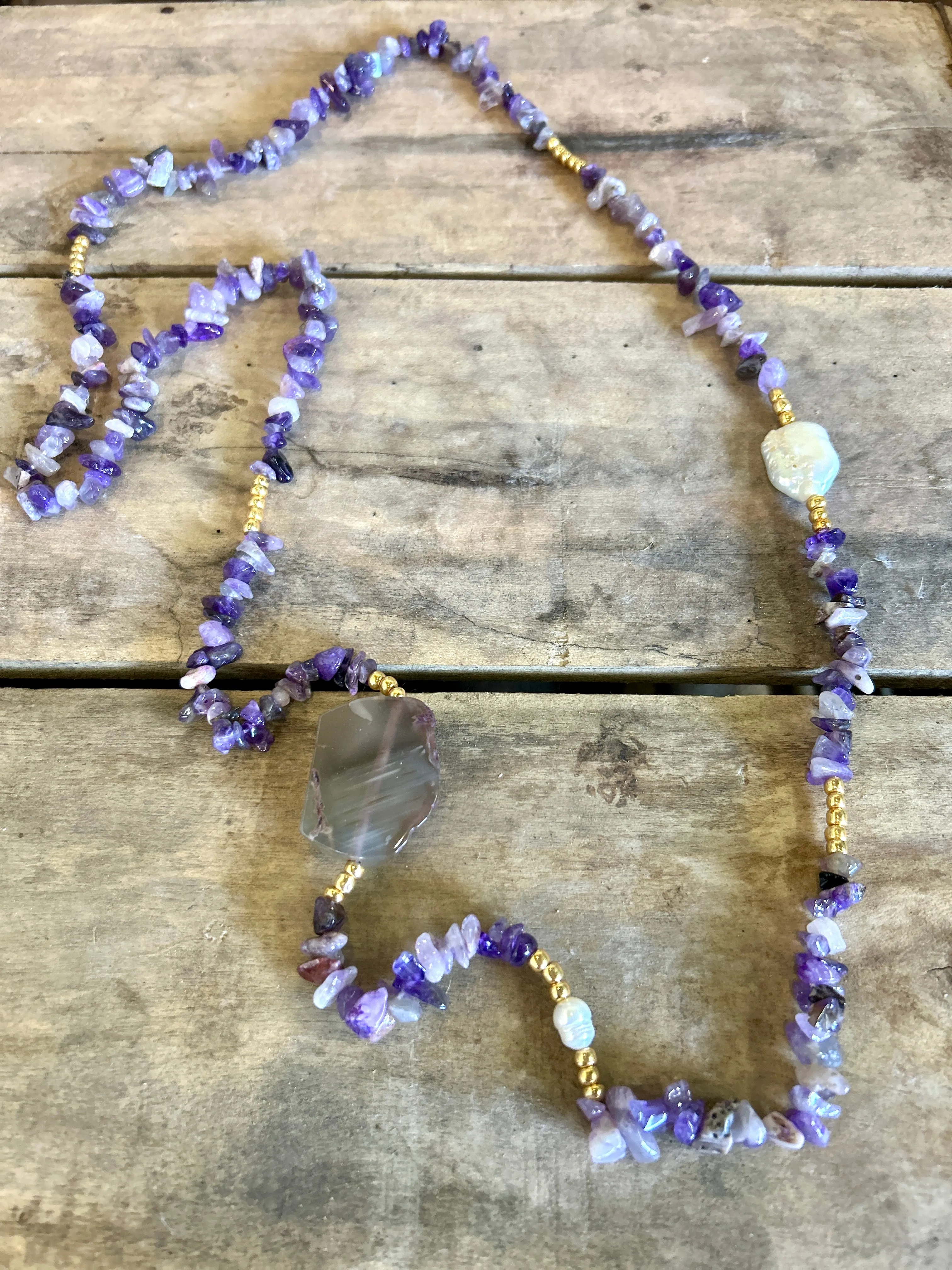Semi Precious Cold Stone Chip Beaded Long Necklace