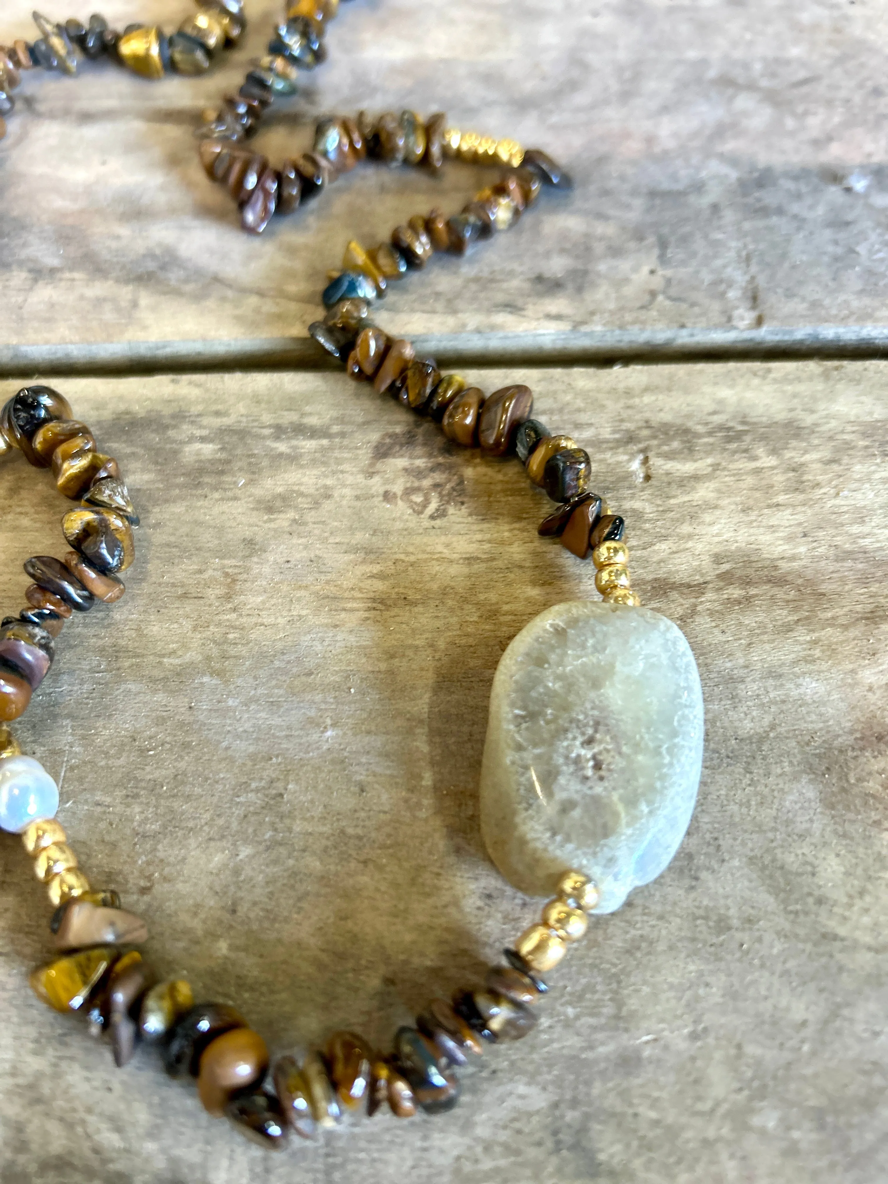 Semi Precious Cold Stone Chip Beaded Long Necklace