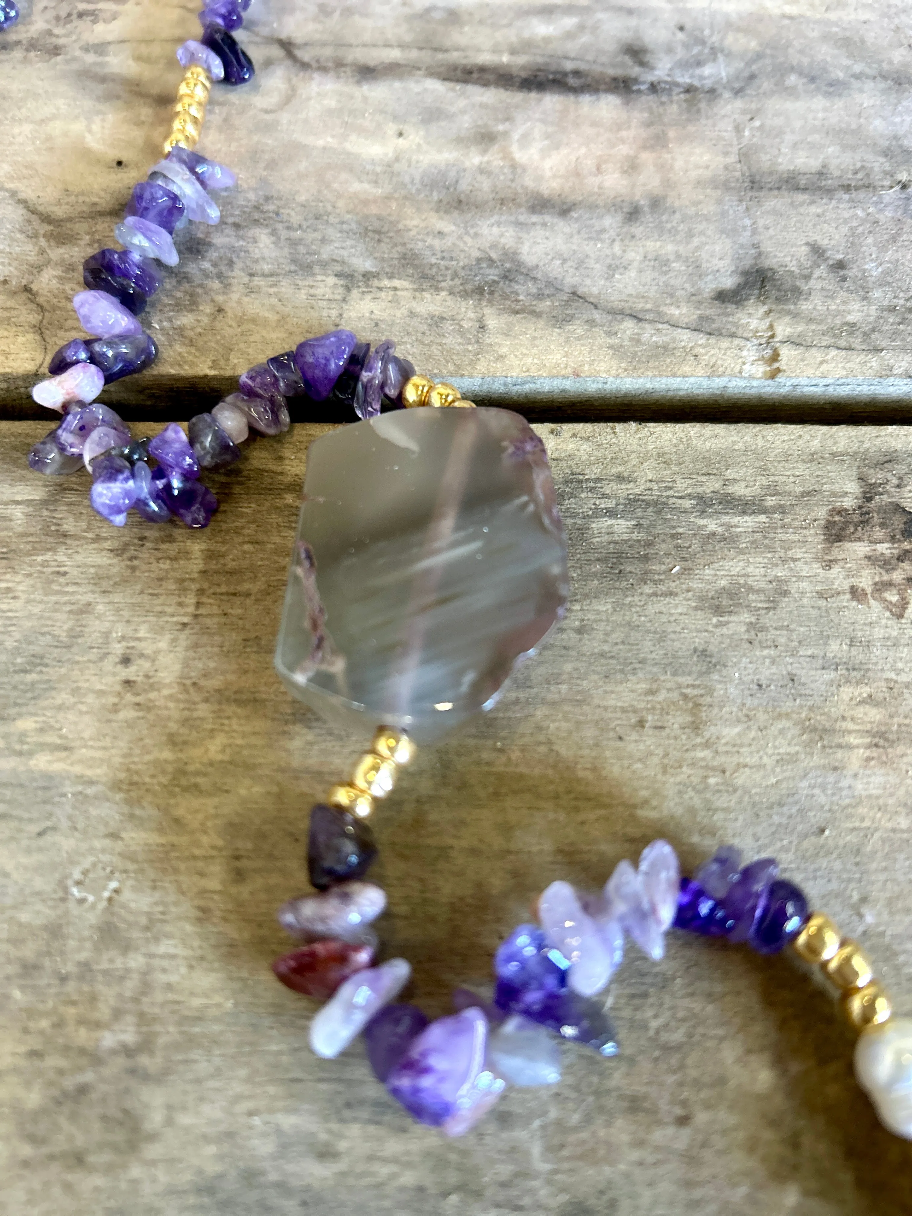Semi Precious Cold Stone Chip Beaded Long Necklace