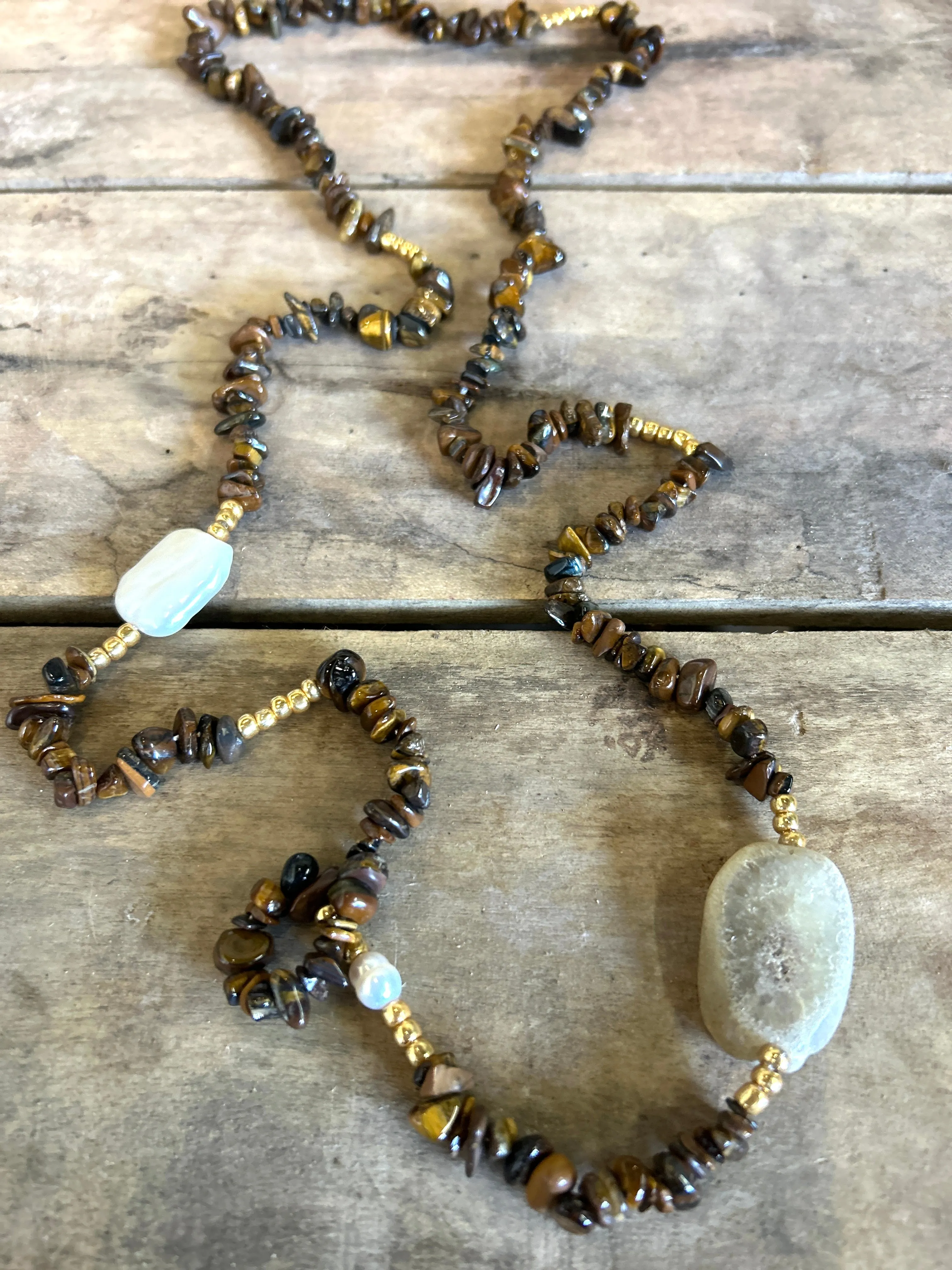 Semi Precious Cold Stone Chip Beaded Long Necklace