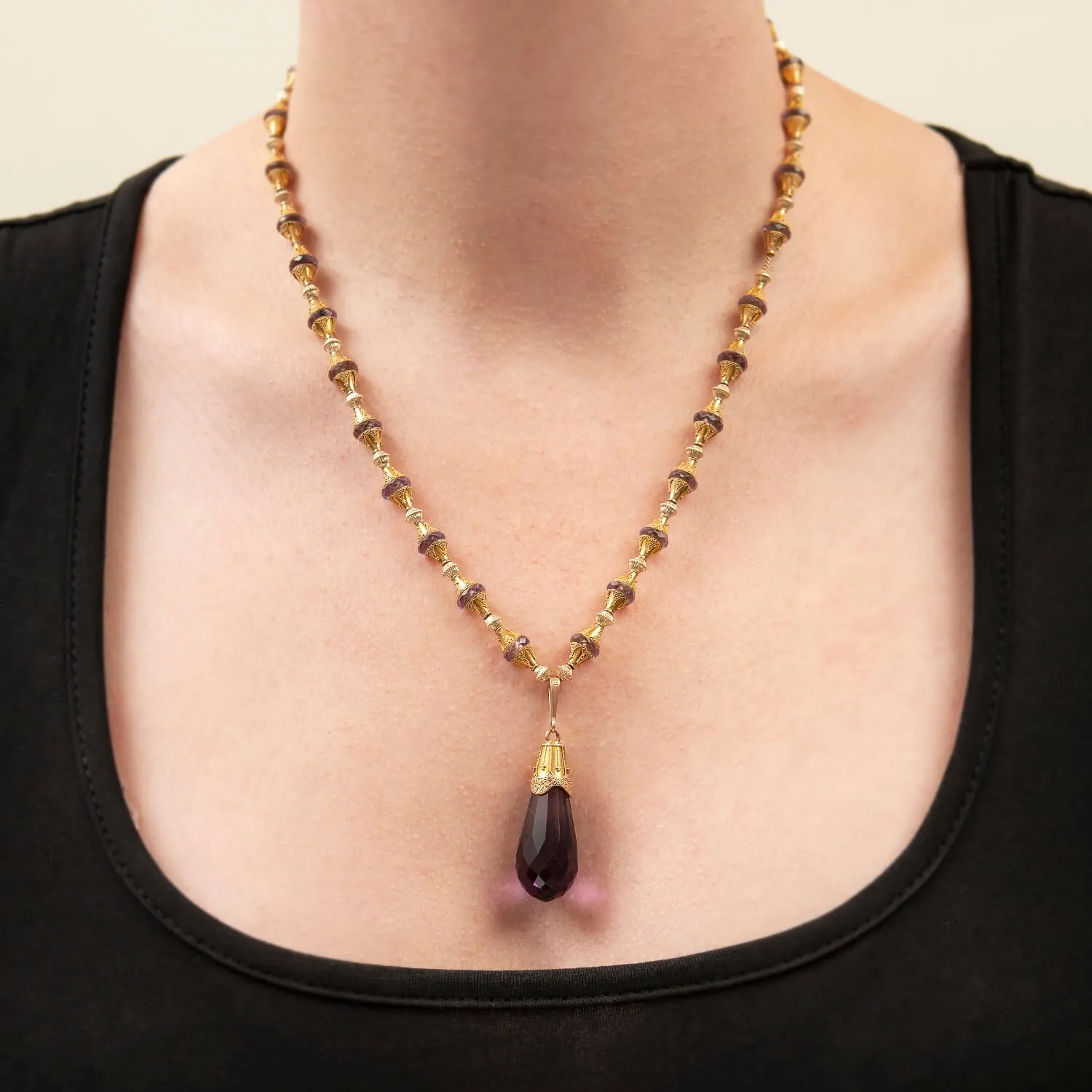 Victorian 14k Amethyst Briolette   Etruscan Bead Necklace 23"