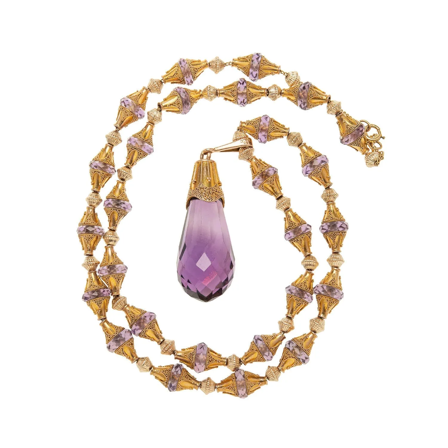 Victorian 14k Amethyst Briolette   Etruscan Bead Necklace 23"