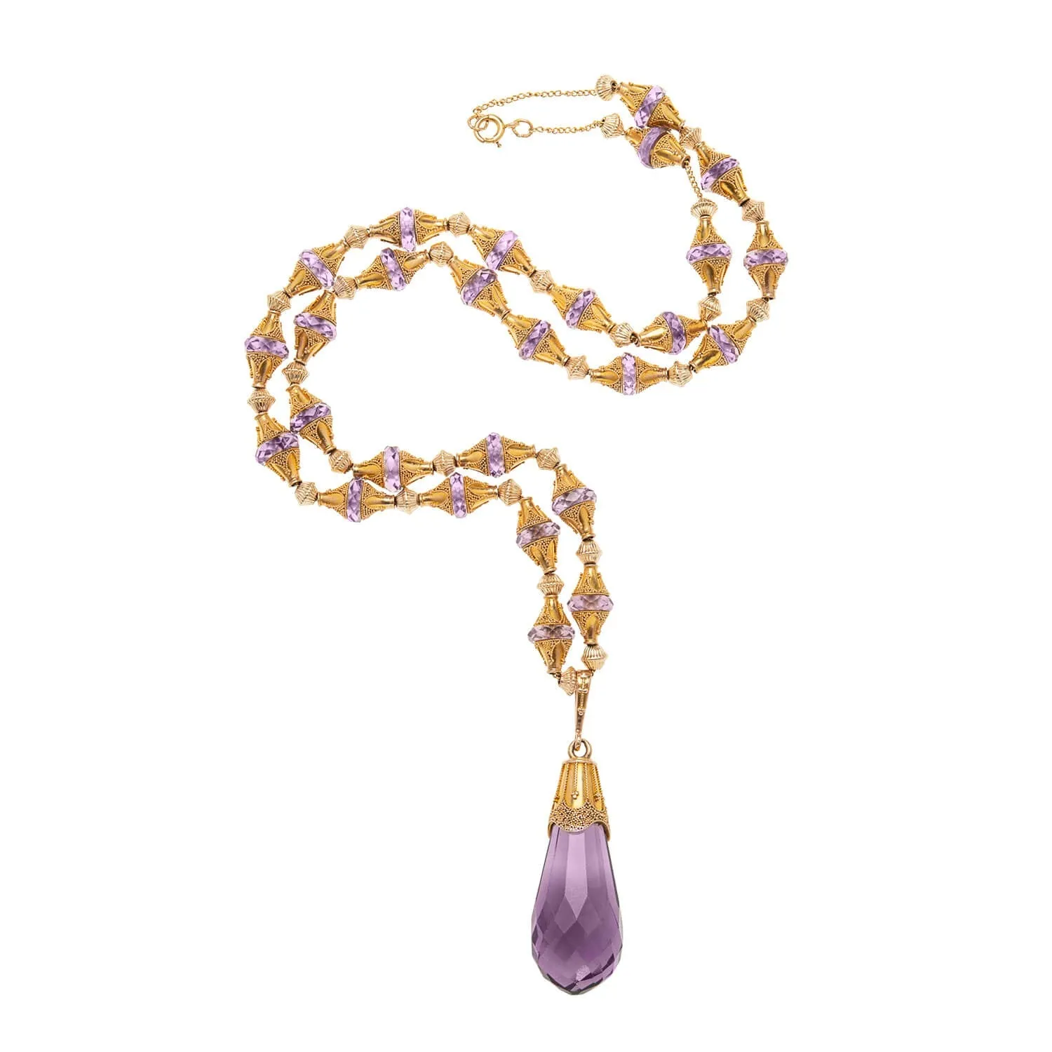 Victorian 14k Amethyst Briolette   Etruscan Bead Necklace 23"